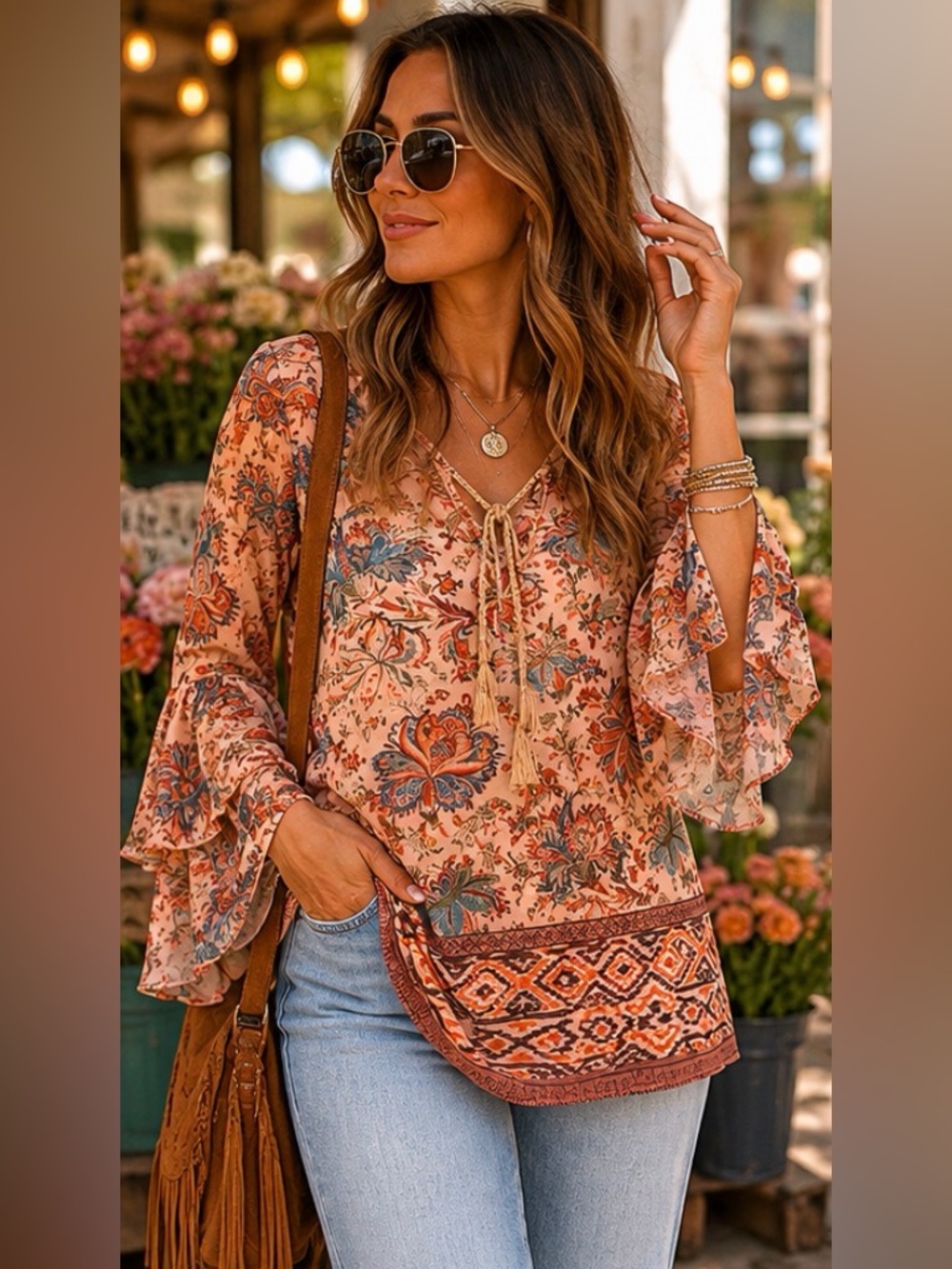 Reba Floral 🌺 Mesh Bell Sleeve Tunic Top Boho Western Sheer Sleeve Small